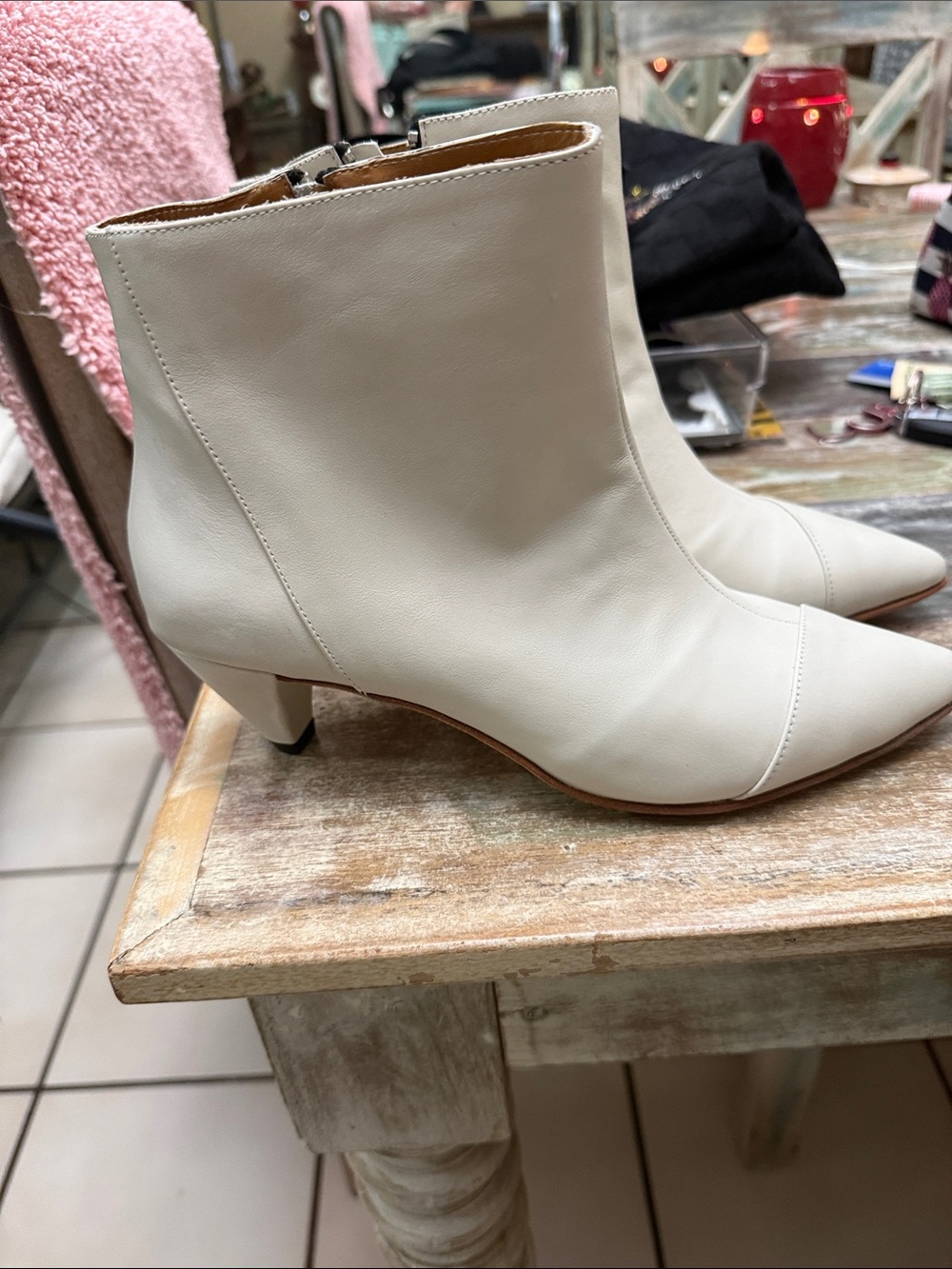 Women's Cream Pointed-Toe Ankle Boots with Low Heel